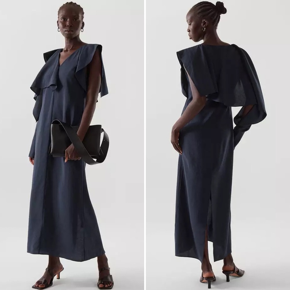 COS Asymmetric Midi Dress Ruffle Neckline Navy Blue Size 10 8